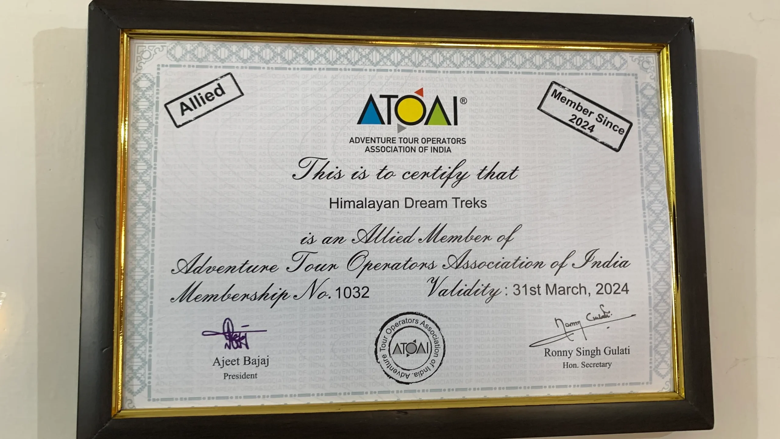 ATOAI Certificate Himalayan Dream Treks