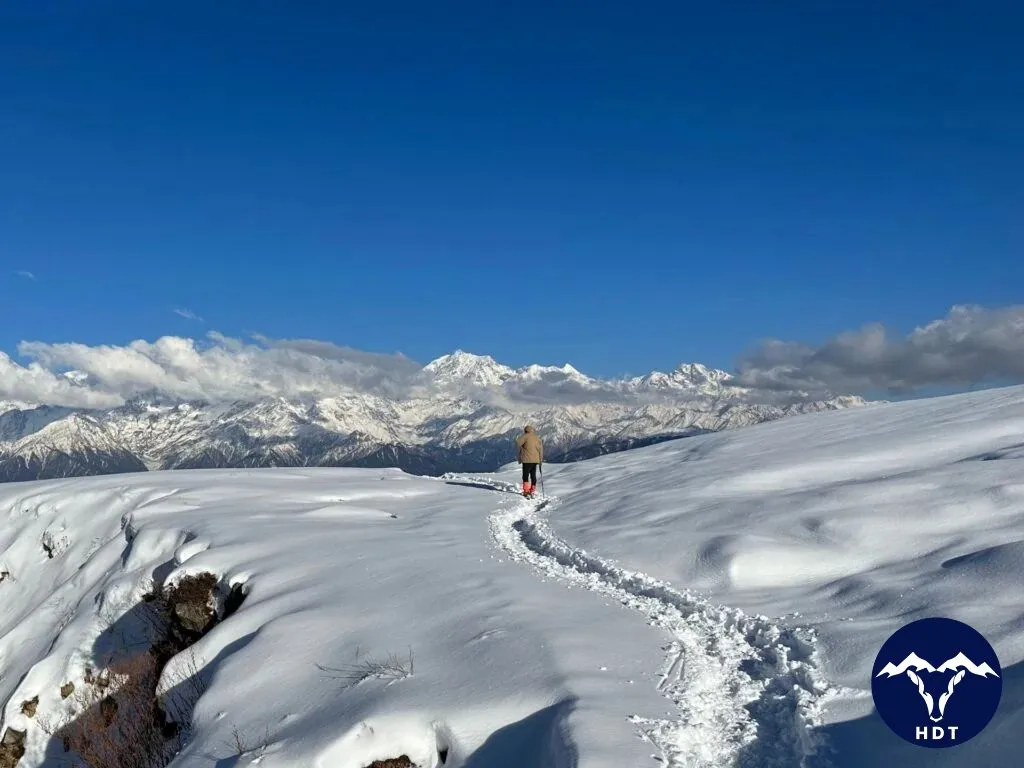 Vast landscape covered with snow on Dayara Bugyal Trek, what makes it one of the best winter treks in India