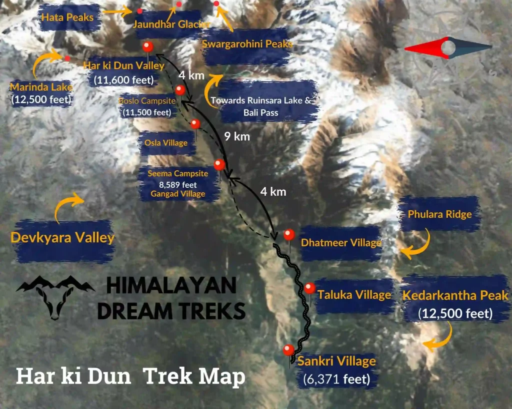 Har ki Dun Trek Map Guide showcasing the 34 km trek route from Sankri to Sankri, including all villages, trekking routes, walking distances, and elevations.