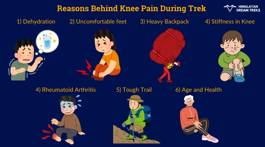 Common causes of knee pain during trekking, including dehydration, heavy backpack, poor footwear, tough trails, and injuries.