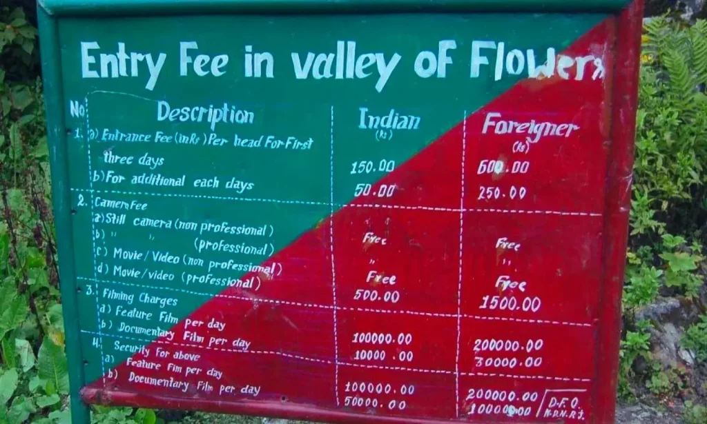 Entry Ticket Charges at the Entrance of Valley of Flowers