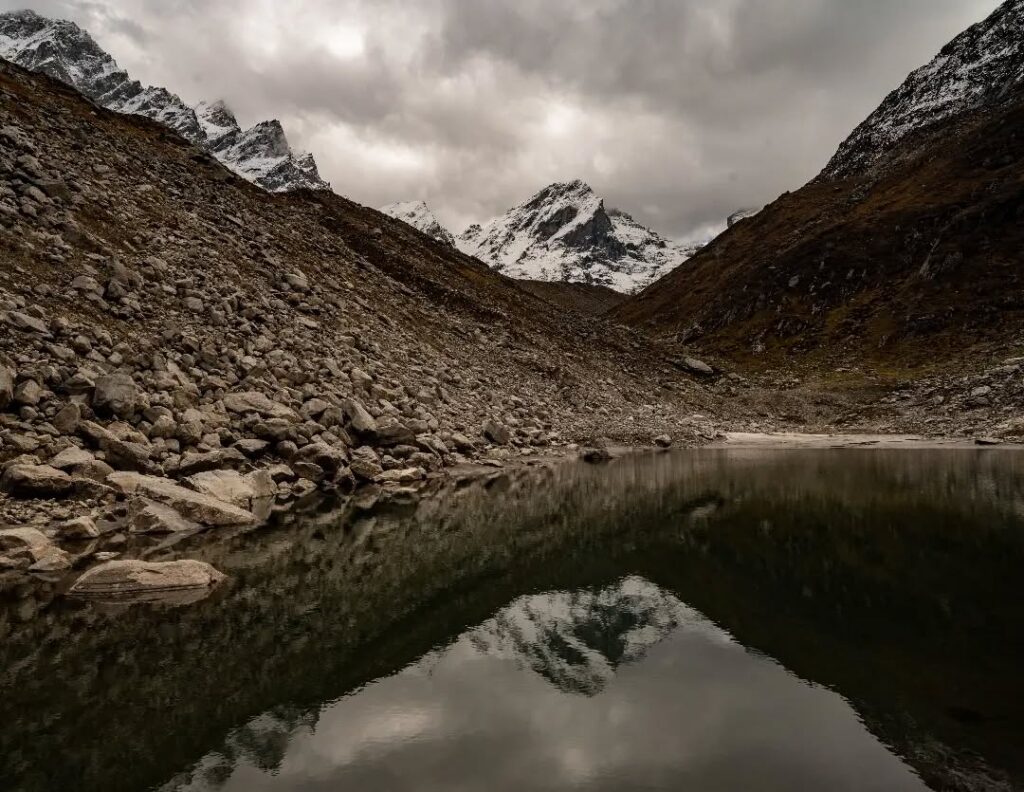 Kagbhusandi Lake surrounded by snow-covered Himalayan peaks.