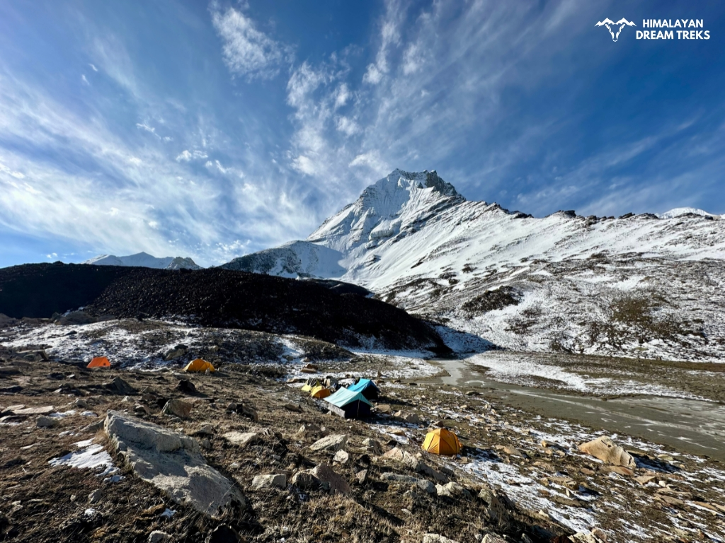 Camping at Nandanvan meadow with Himalayan peaks in the backdrop