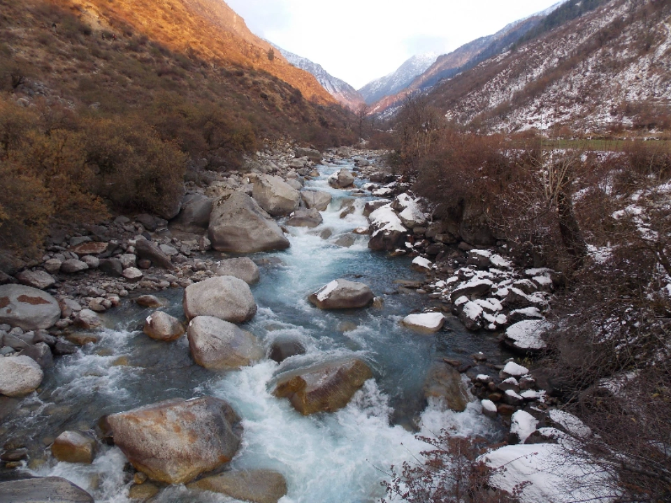 River view in Har ki Dun Valley in Autumn