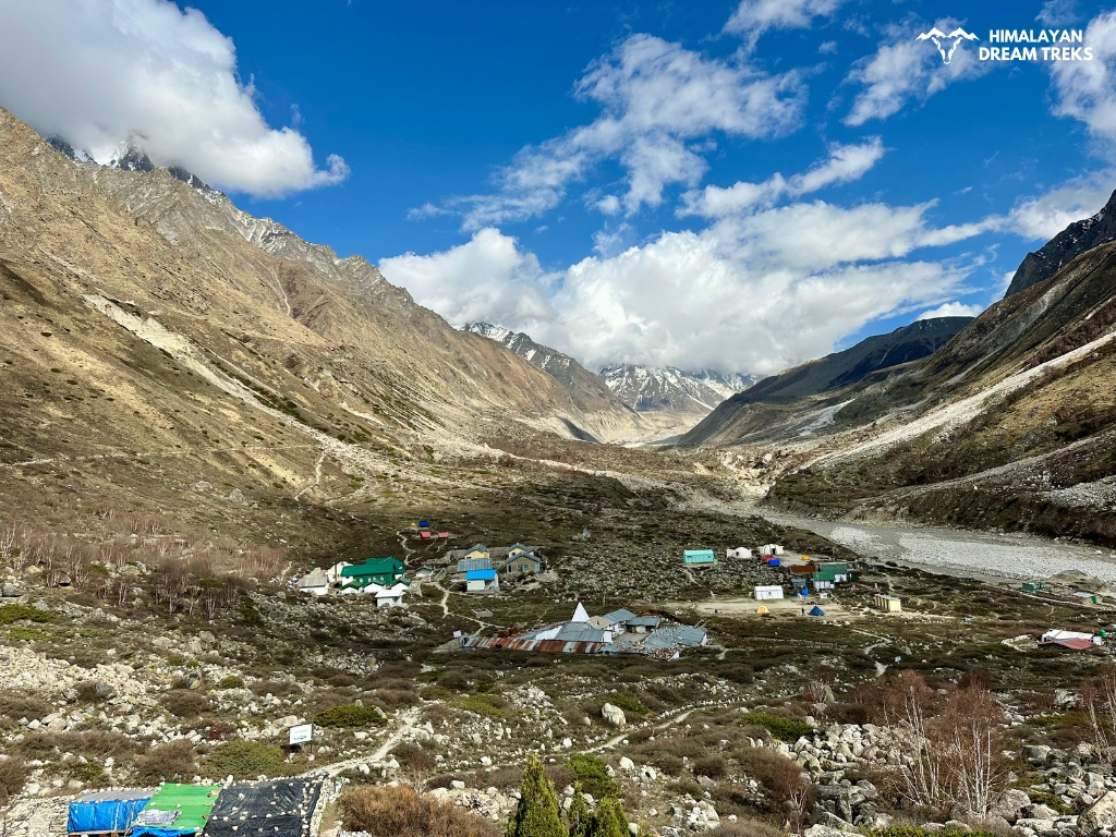 Scenic valley view along the trekking trail in the Himalayas
