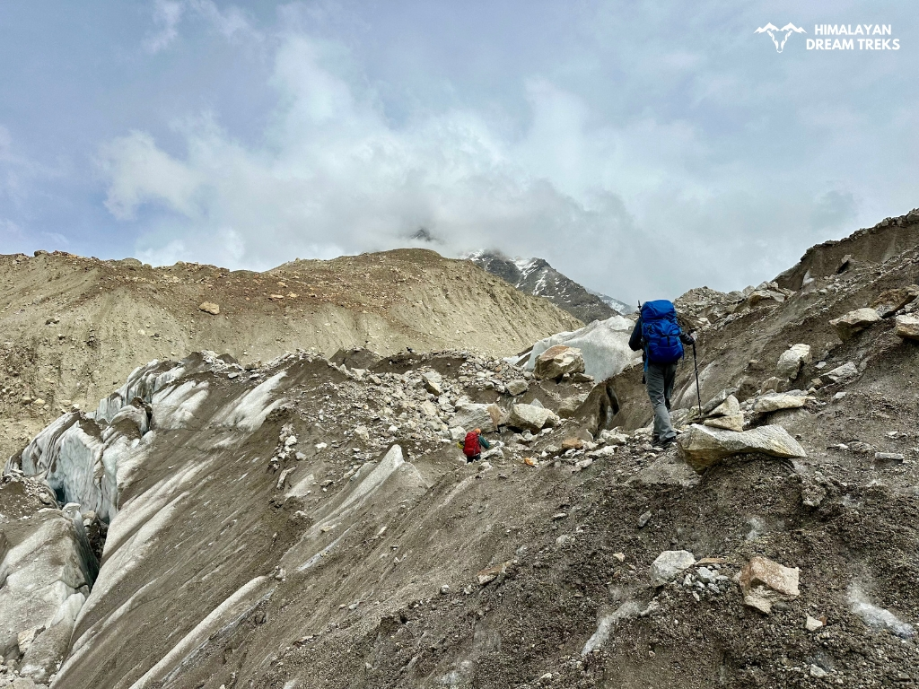 Trekking in high-altitude Himalayan mountains near Nandanvan Vasuki Tal
