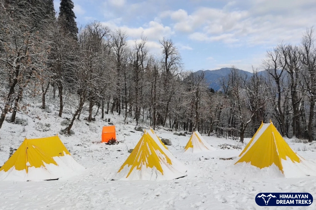 HDT trekking tents surrounded by snow on Kedarkantha Trek