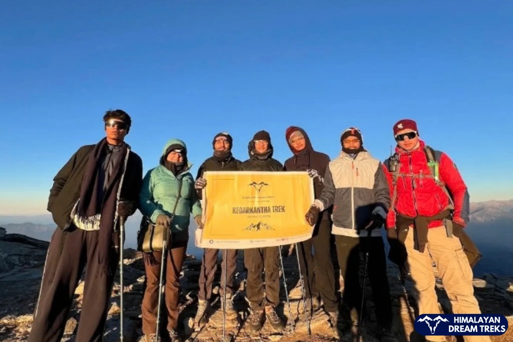 Group photo of trekkers in the Kedarkantha trek