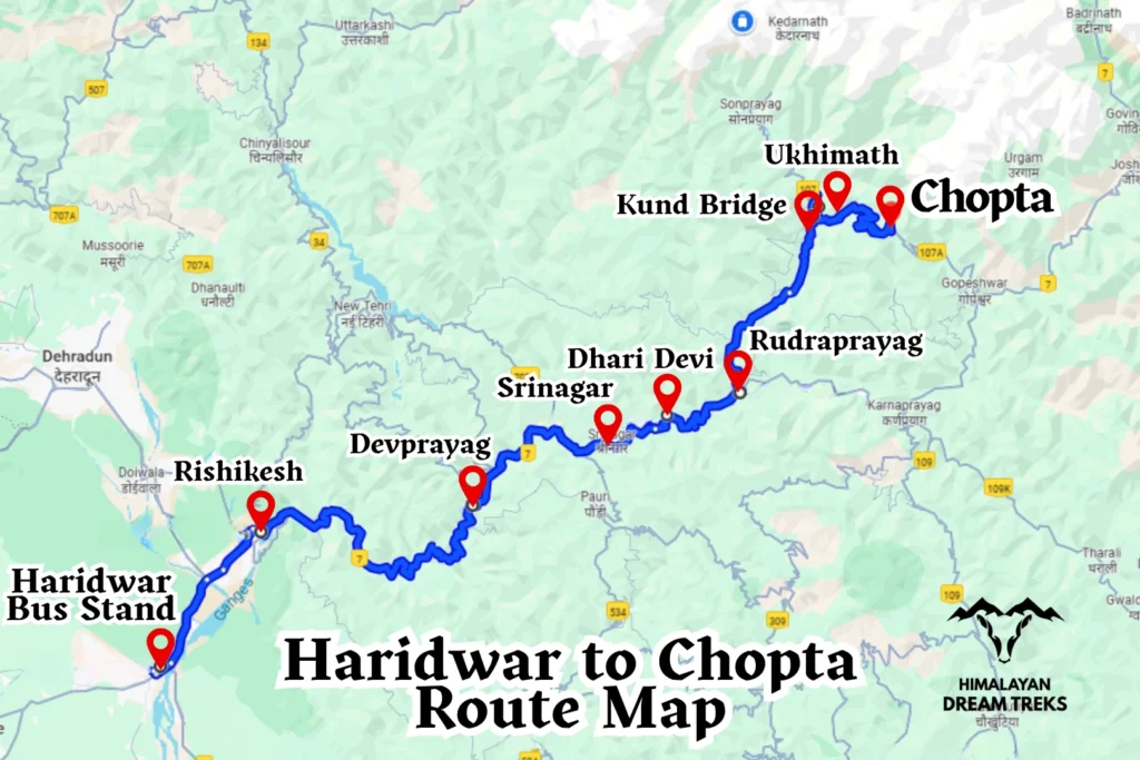 Chopta Route Map from Haridwar / Rishikesh