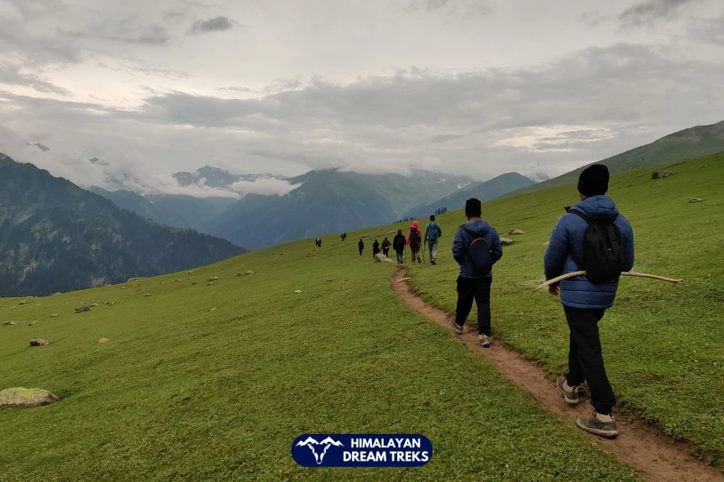 Group of trekkers walking on a green meadow trail during Kashmir Great Lakes Trek with mountains in the background