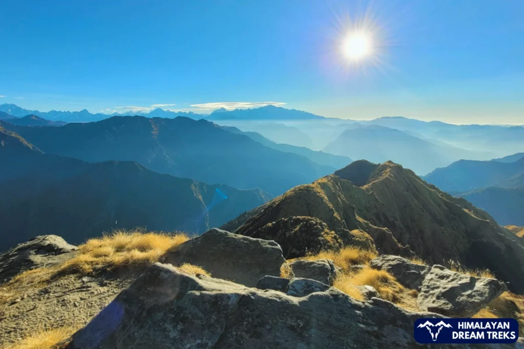 Beautiful views of a ridge, deep valleys, and mountain range from Chandrashila