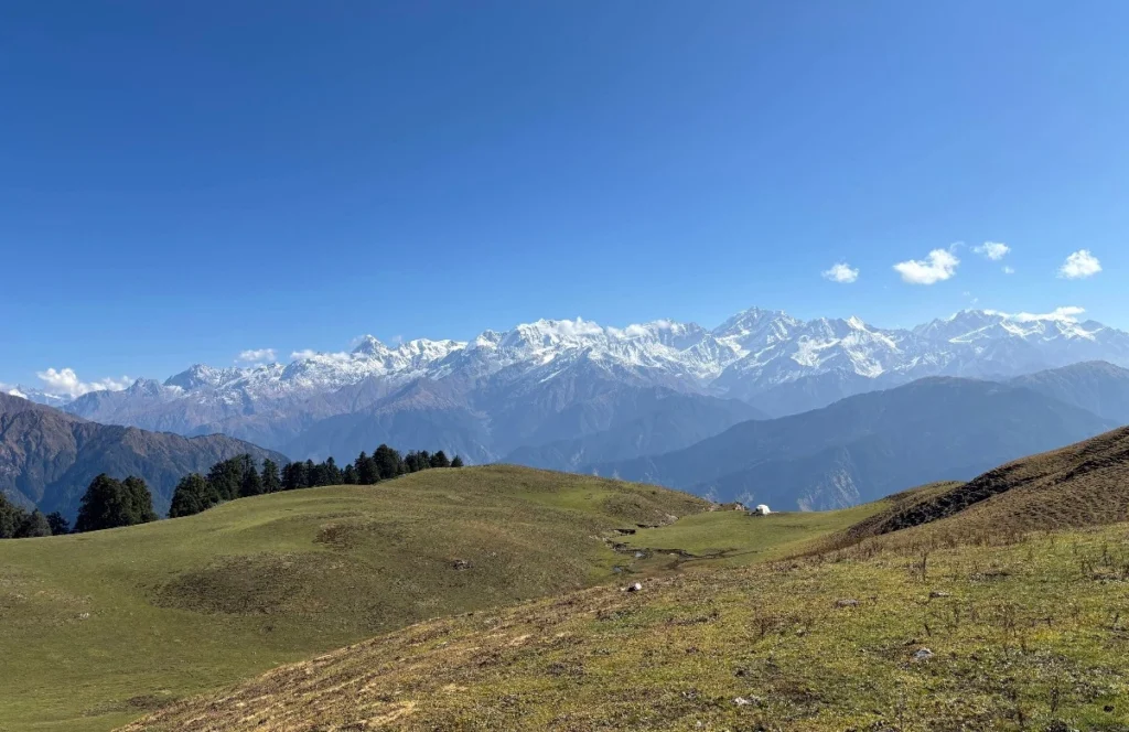Green open meadow with clear views of Himalayan peaks