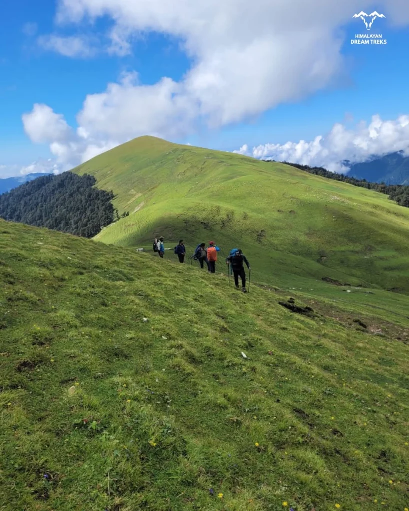 Trekkers in the alpine meadows of Ali Bedni Bugyal