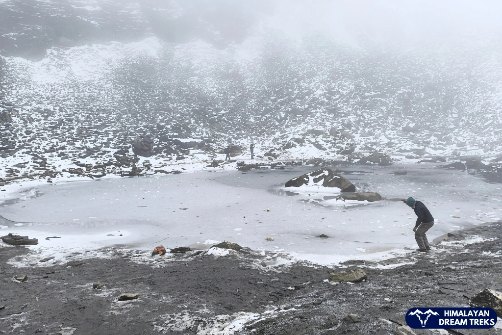 Frozen Roopkund Lake covered with ice in the Uttarakhand Himalayas
